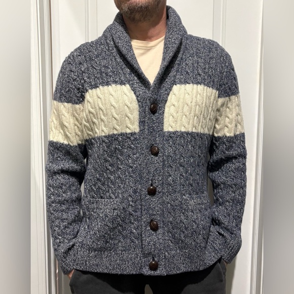 Barque Sz XL Blue Cream Cable Knit shawl neck button retro cardigan Sweater